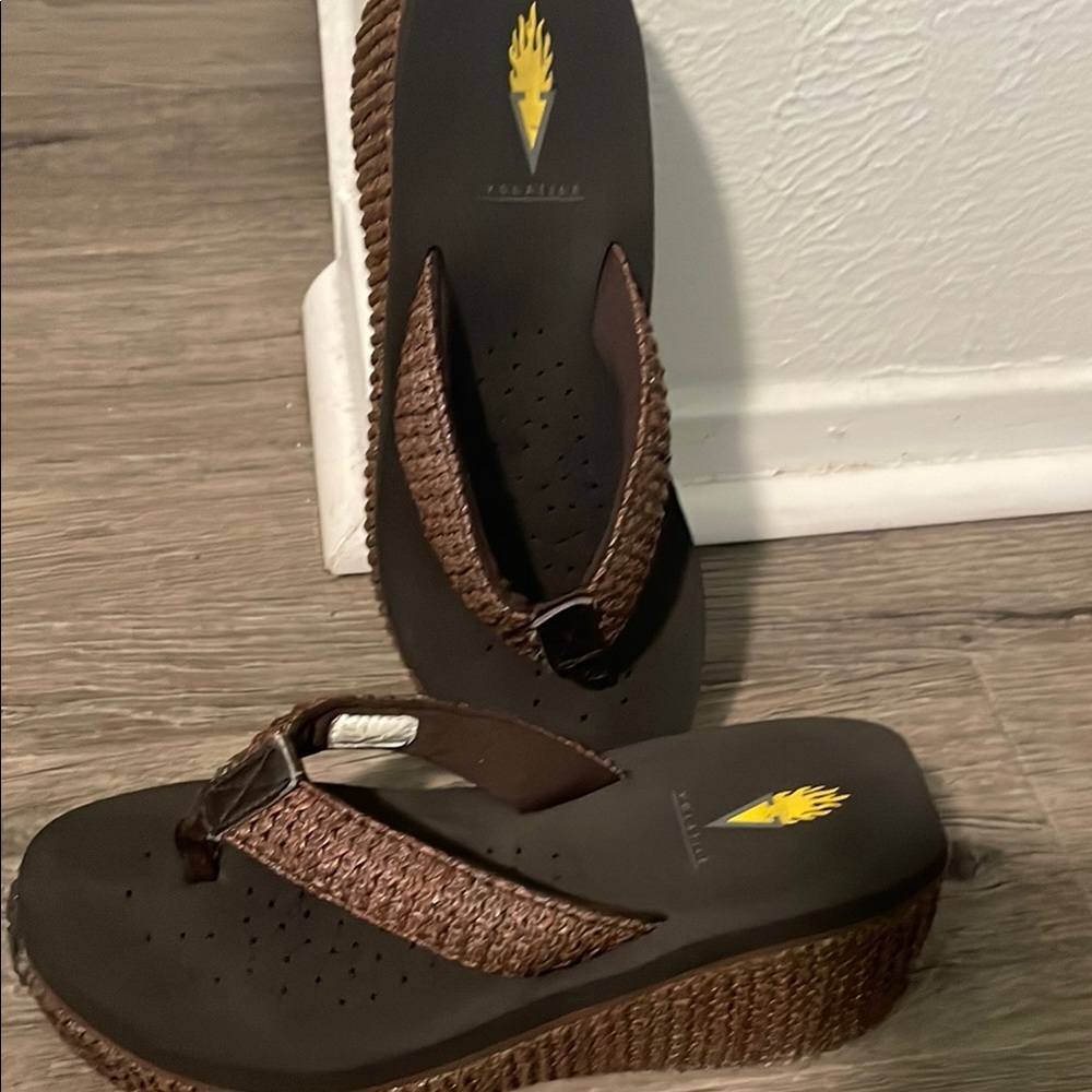 Volatile Brown Wedge Sandals with Textured Straps